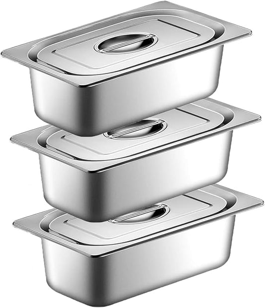 Buudreza Paneerschalenset 3-delig, GN 1/3 containers, 32,5 x 17,5 x 6,5 cm, paneerset voor koteletten, gastronormcontainer, roestvrij staal met deksel, schnitzelvlees vis - metalen paneerstraat